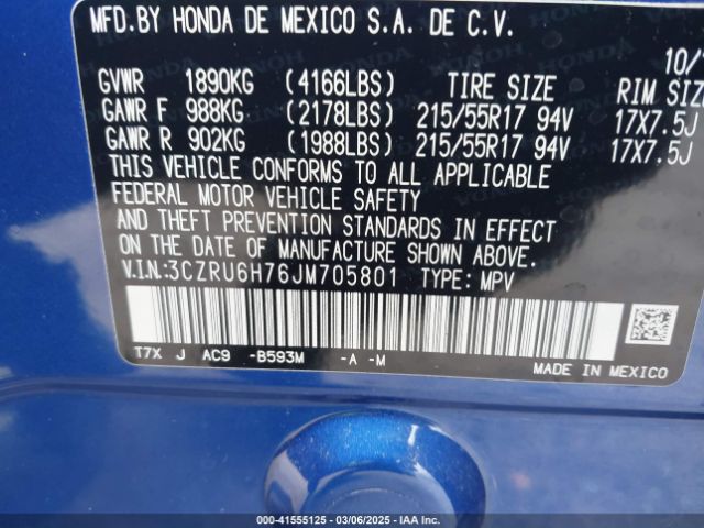 3CZRU6H76JM705801 Honda Hr-v Ex-l