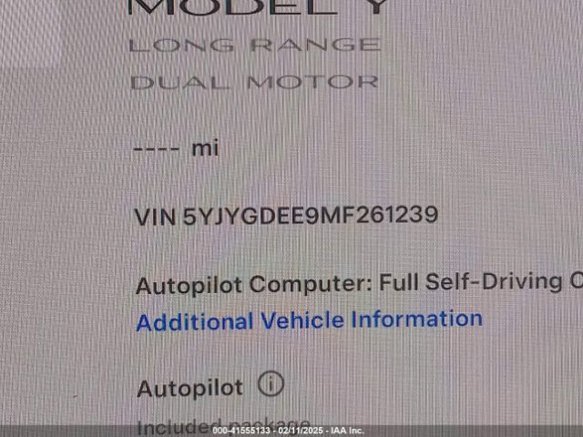 5YJYGDEE9MF261239 Tesla Model Y Long Range Dual Motor All-wheel Drive