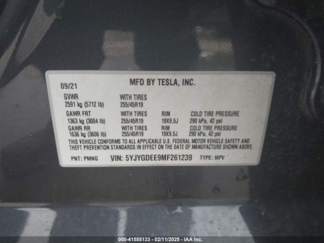 5YJYGDEE9MF261239 Tesla Model Y Long Range Dual Motor All-wheel Drive