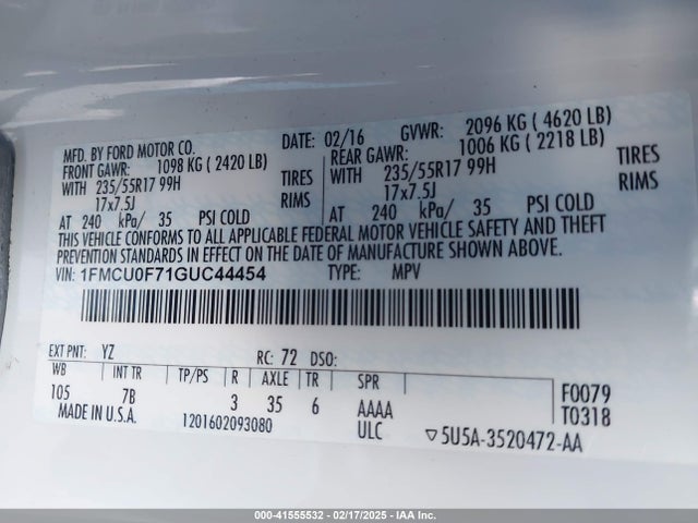 Ford ESCAPE S 2016 1FMCU0F71GUC44454 Image 9