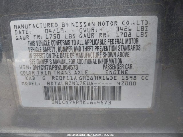 3N1CN7AP9KL864573 Nissan Versa 1.6 Sv