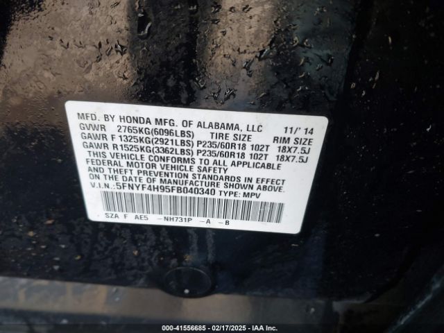 5FNYF4H95FB040340 Honda Pilot Touring