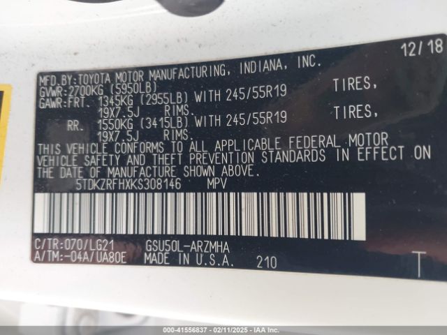 5TDKZRFHXKS308146 Toyota Highlander Se