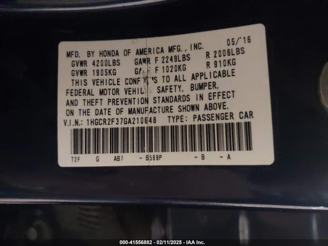 Honda ACCORD LX 2016 1HGCR2F37GA210648 Image 9