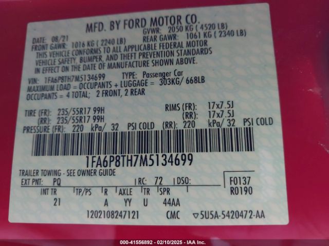 1FA6P8TH7M5134699 Ford Mustang Ecoboost Fastback