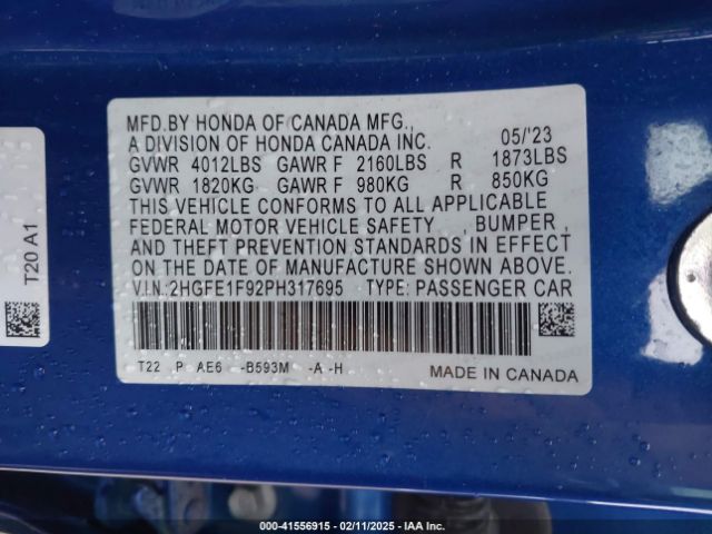 2HGFE1F92PH317695 Honda Civic Touring