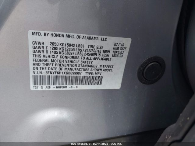 5FNYF6H1XGB099987 Honda PILOT LX