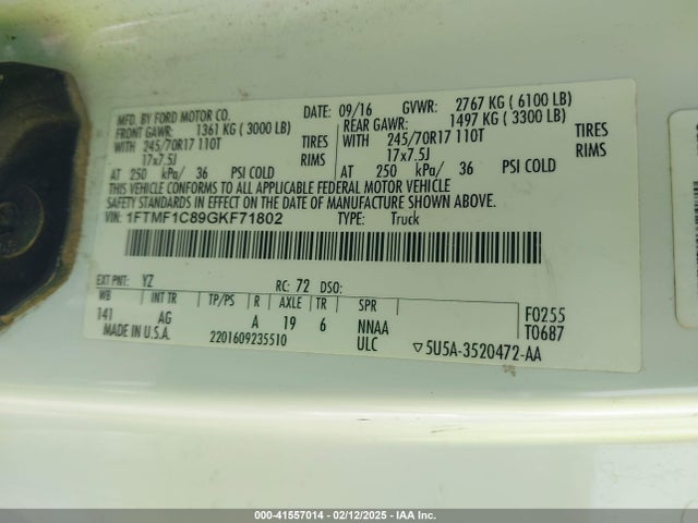 Ford F-150 Xl 2016 1FTMF1C89GKF71802 Image 9
