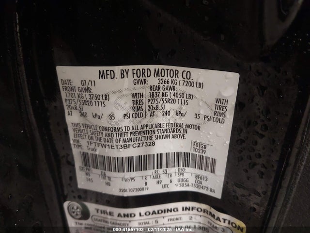 2011 Ford F-150 Lariat მანქანა იყიდება აუქციონზე, vin: 1FTFW1ET3BFC27328, აუქციონის ნომერი: 41557103