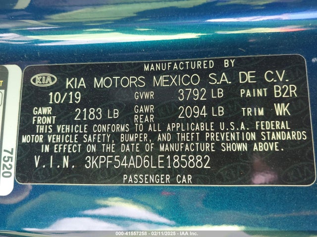 3KPF54AD6LE185882 KIA FORTE EX