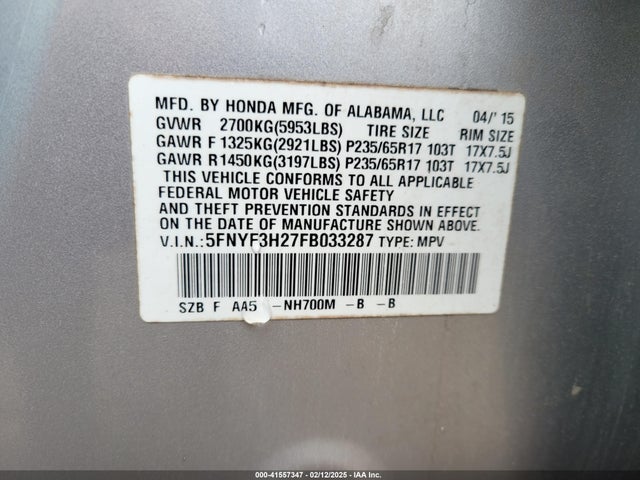 Honda Pilot 2015 5FNYF3H27FB033287 Image 9