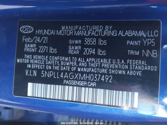 5NPLL4AGXMH037492 Hyundai ELANTRA SE