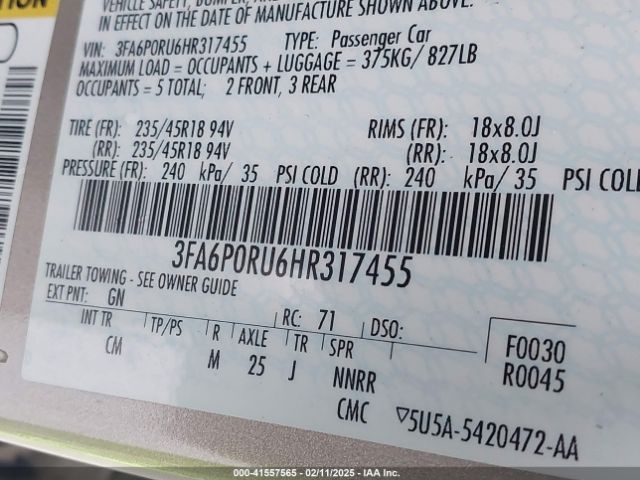 3FA6P0RU6HR317455 Ford Fusion Hybrid Titanium