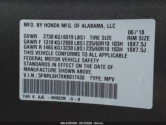 Honda Odyssey Ex-l 2019 5FNRL6H7XKB017430 Image 9