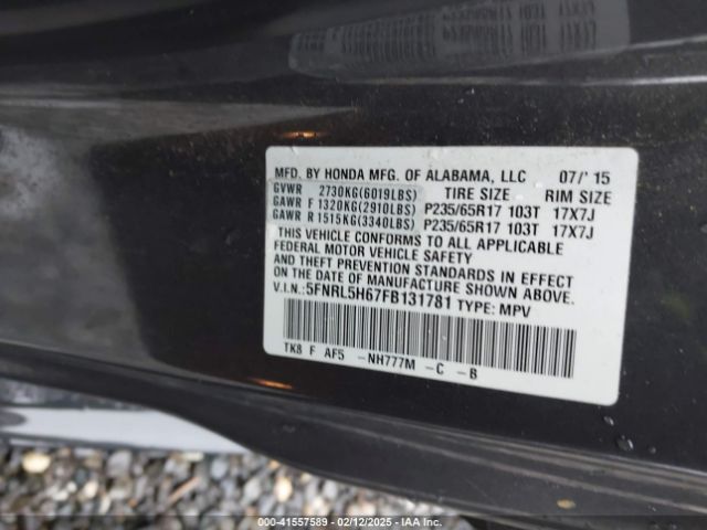 5FNRL5H67FB131781 Honda Odyssey Ex-l