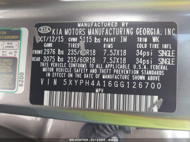 5XYPH4A16GG126700 KIA Sorento 2.0t Ex