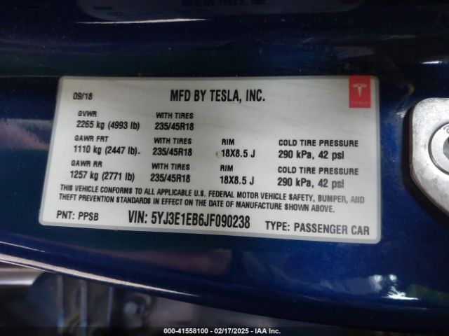5YJ3E1EB6JF090238 Tesla Model 3 Long Range/performance