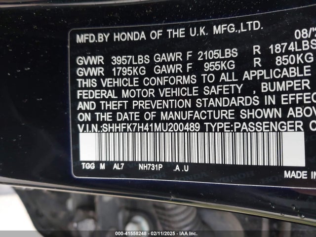 SHHFK7H41MU200489 Honda Civic Sport