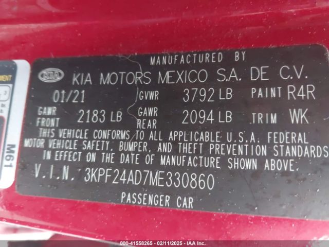 3KPF24AD7ME330860 KIA Forte Lxs