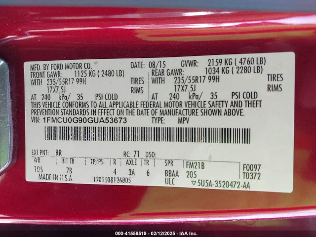 Ford ESCAPE SE 2016 1FMCU0G90GUA53673 Image 9