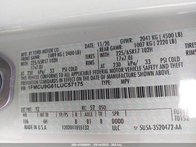 2020 FORD ESCAPE 1FMCU9G61LUC57175 Photo 8