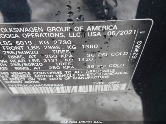 1V2TR2CA2MC588943 Volkswagen Atlas 3.6l V6 Sel Premium
