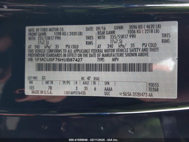 1FMCU0F76HUB87427 Ford ESCAPE S
