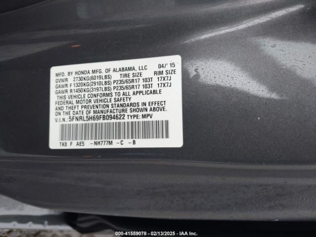 2015 HONDA ODYSSEY 5FNRL5H69FB094622 Photo 8