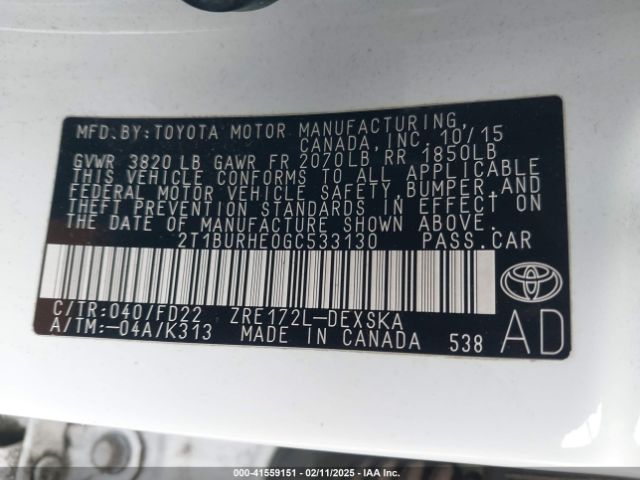 2T1BURHE0GC533130 Toyota Corolla S W/special Edition Pkg