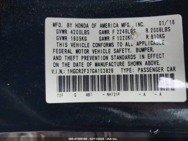 1HGCR2F37GA103826 Honda ACCORD LX