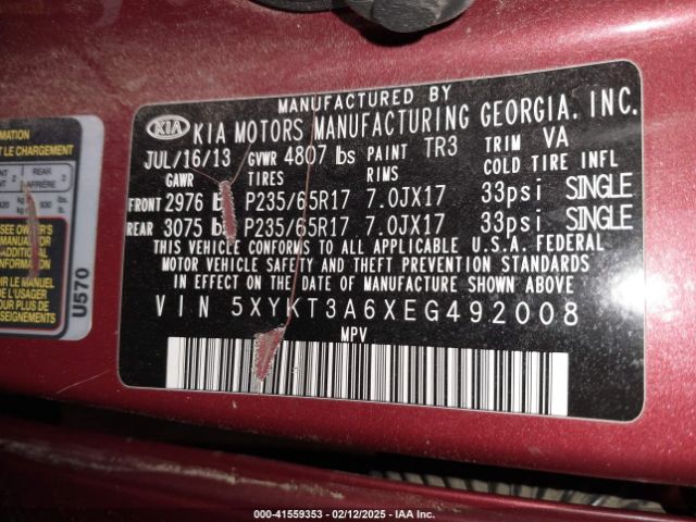 5XYKT3A6XEG492008 KIA SORENTO LX