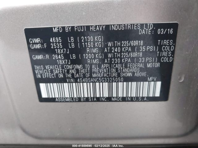 4S4BSANC5G3325050 Subaru Outback 2.5i Limited