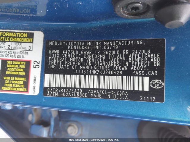 4T1B11HK7KU240428 Toyota CAMRY SE