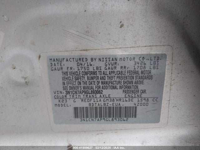 3N1CN7AP9GL893062 Nissan Versa 1.6 Sv