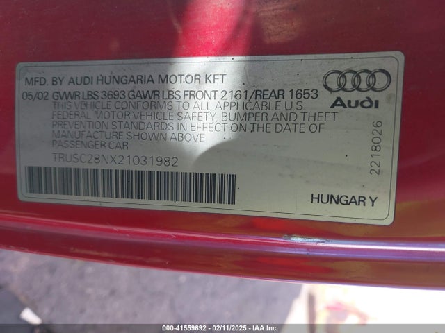 2002 AUDI TT TRUSC28NX21031982 Photo 8