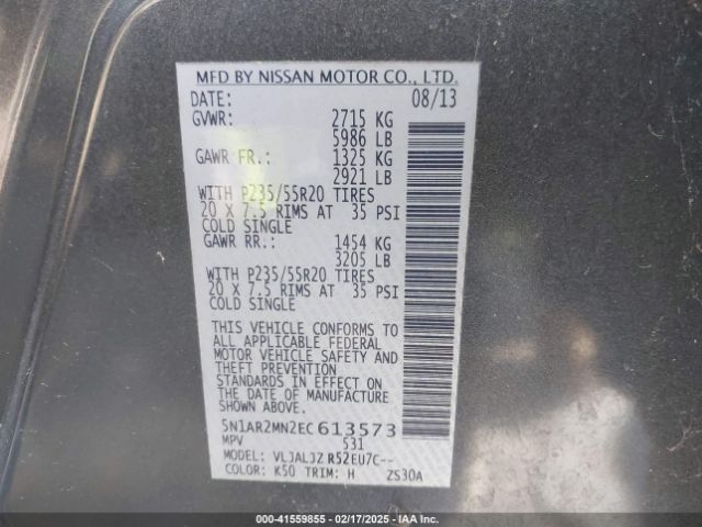 5N1AR2MN2EC613573 Nissan Pathfinder Platinum