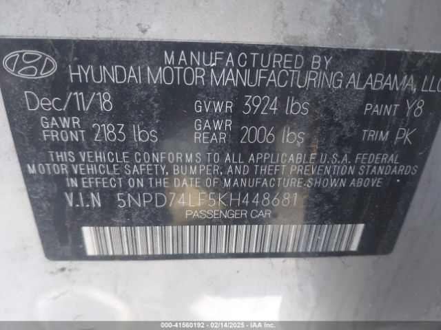 5NPD74LF5KH448681 Hyundai ELANTRA SE