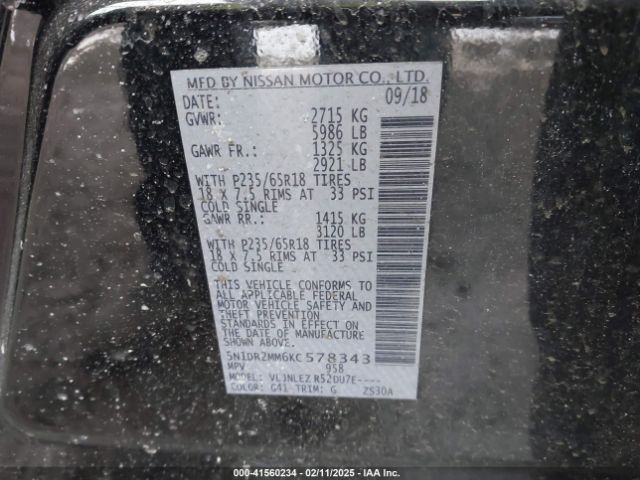 5N1DR2MM6KC578343 Nissan Pathfinder Sv