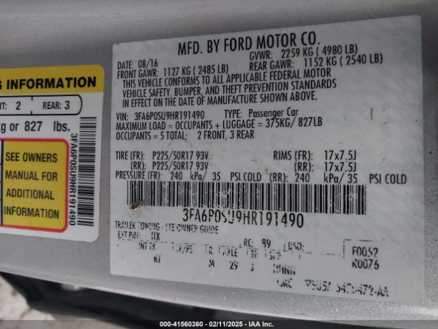 3FA6P0SU9HR191490 Ford Fusion Energi Titanium