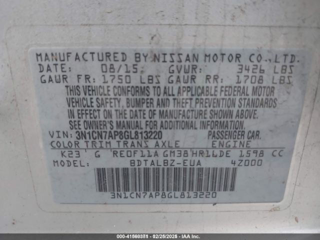 3N1CN7AP8GL813220 Nissan Versa 1.6 S/1.6 S+/1.6 Sl/1.6 Sv