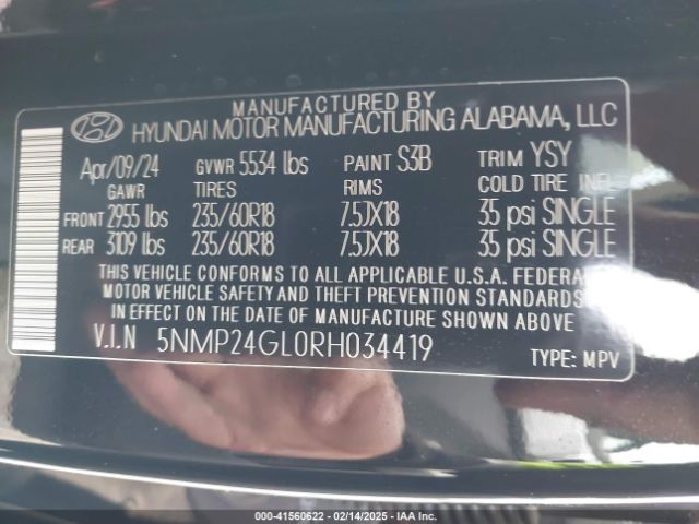 5NMP24GL0RH034419 Hyundai Santa Fe Sel