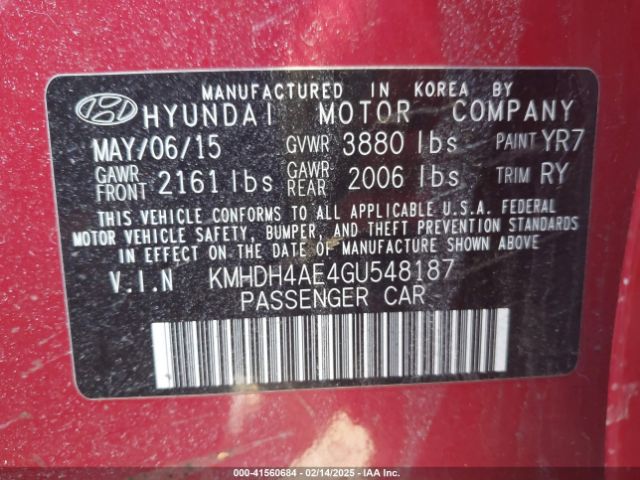 KMHDH4AE4GU548187 Hyundai Elantra Value Edition