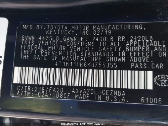 4T1B11HK6KU755355 Toyota CAMRY LE