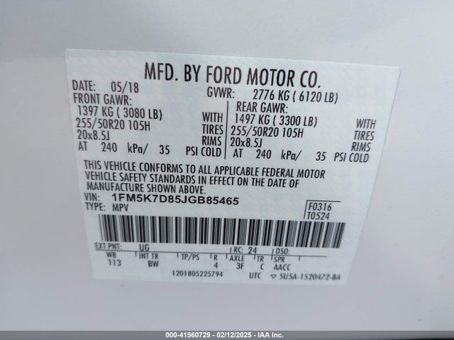 1FM5K7D85JGB85465 Ford EXPLORER XLT