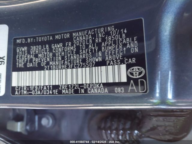 2T1BURHE3FC275507 Toyota COROLLA L
