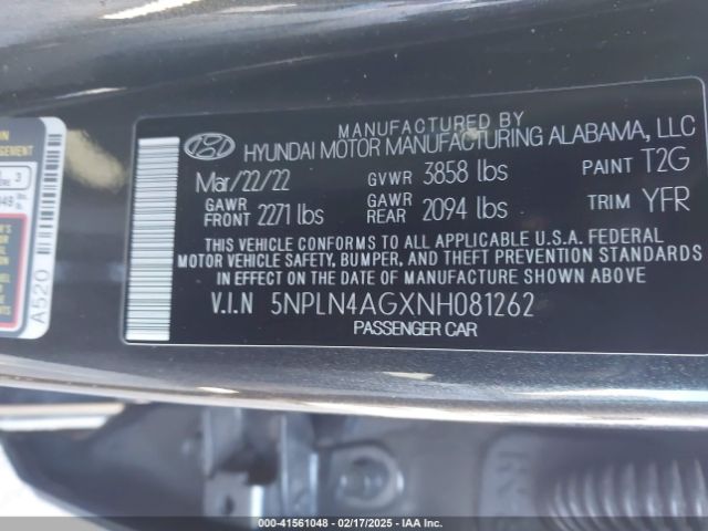 5NPLN4AGXNH081262 Hyundai ELANTRA SEL