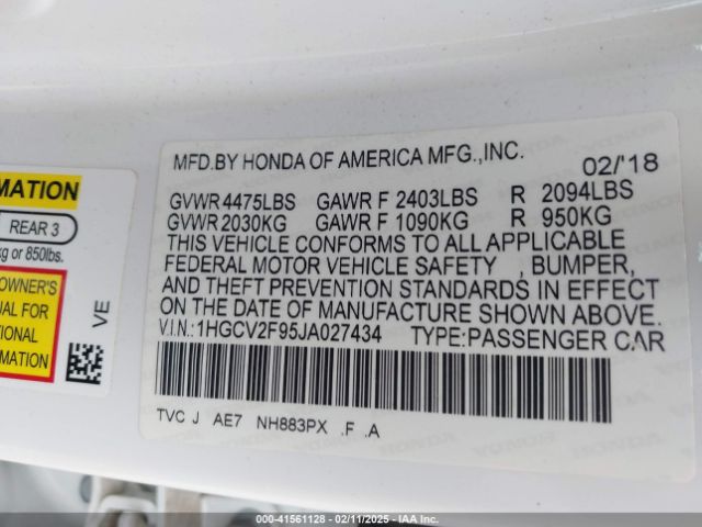1HGCV2F95JA027434 Honda Accord Touring 2.0t