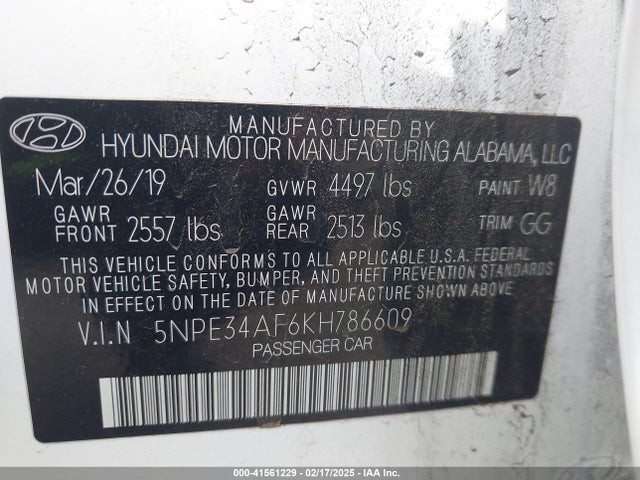 5NPE34AF6KH786609 Hyundai SONATA SEL