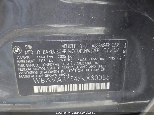 Продаж на аукціоні авто 2007 Bmw 328i, vin: WBAVA33547KX80088, номер лоту: 41561251
