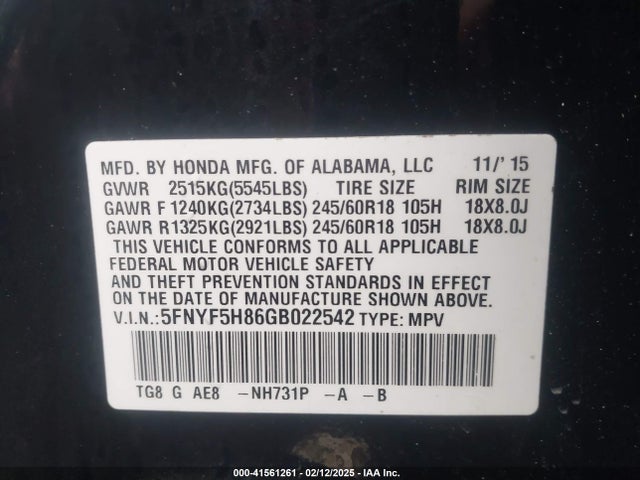 5FNYF5H86GB022542 Honda Pilot Ex-l